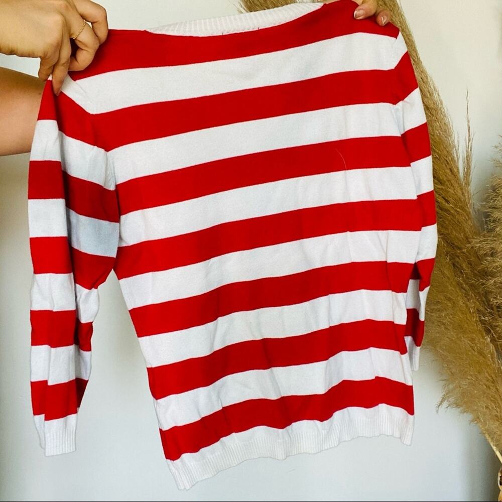 VINTAGE H&M LOGG Red White VNeck Striped 3/4 Sleeve Cropped Pullover Sweater M - Picture 5 of 9